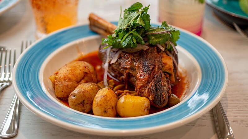 Lamb shank entree with side of potatoes