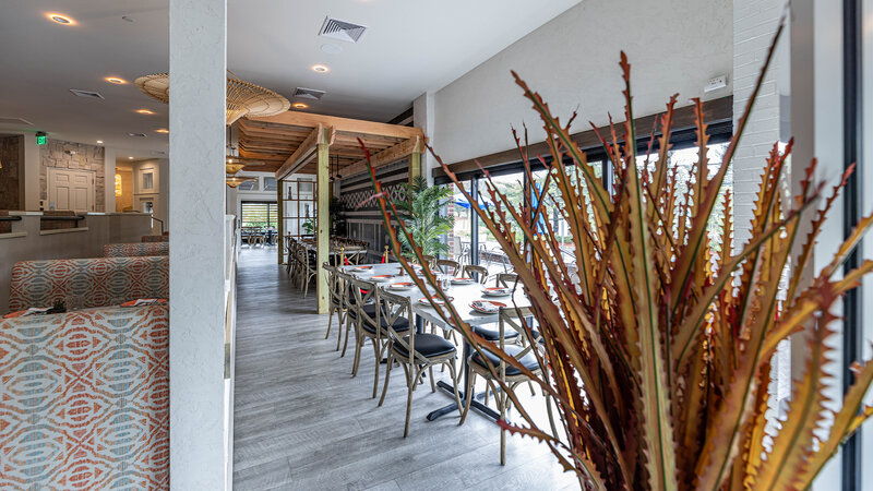 Dining room with view of plant